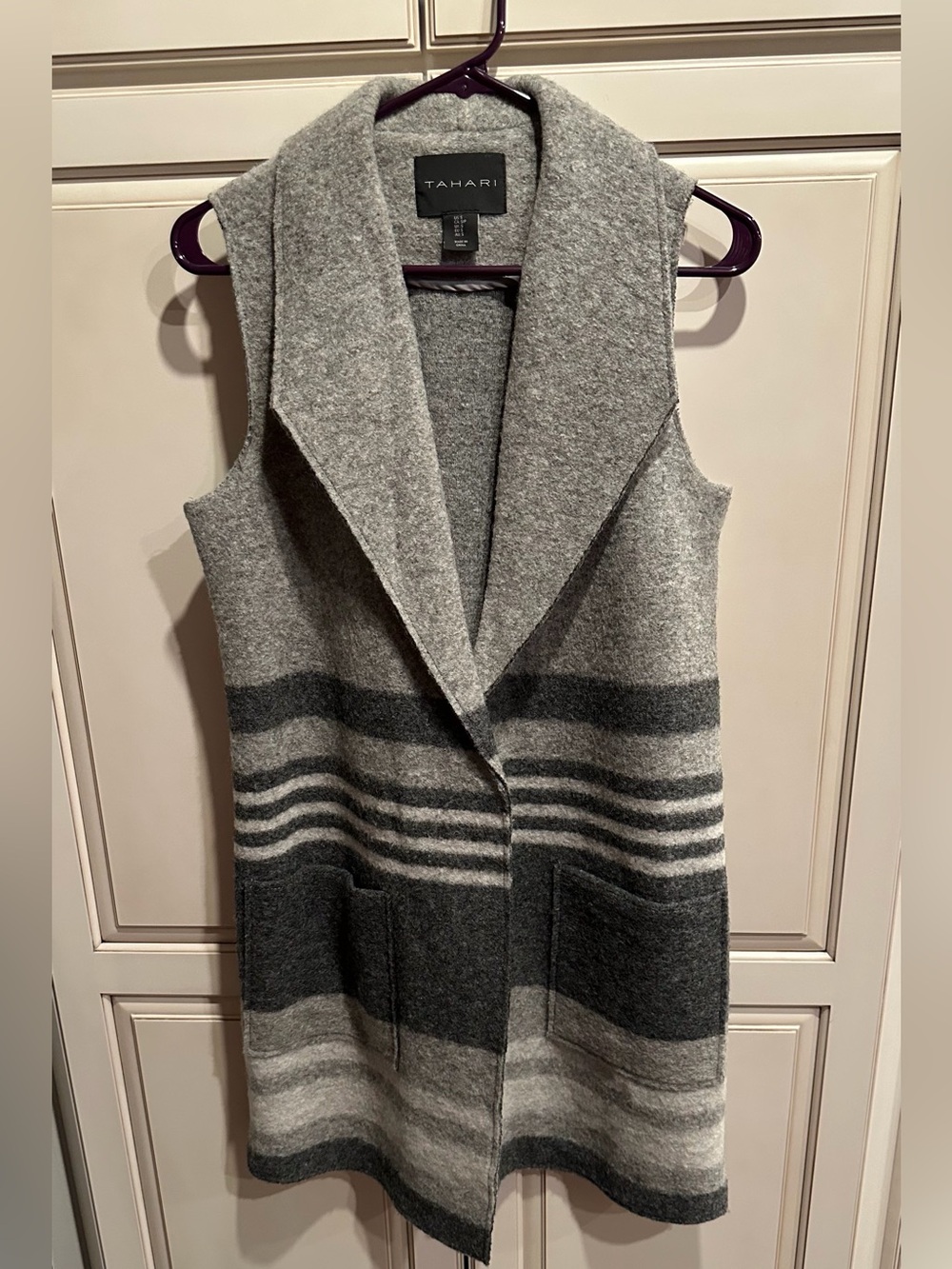 Tahari Gray Striped Wool-Blend Sleeveless Cardigan Vest